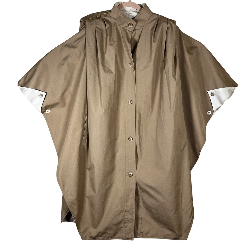 Vintage 70s 80s Reversible‎ Poplin Cape Tan/Cream Button L/XL Minimalist Neutral